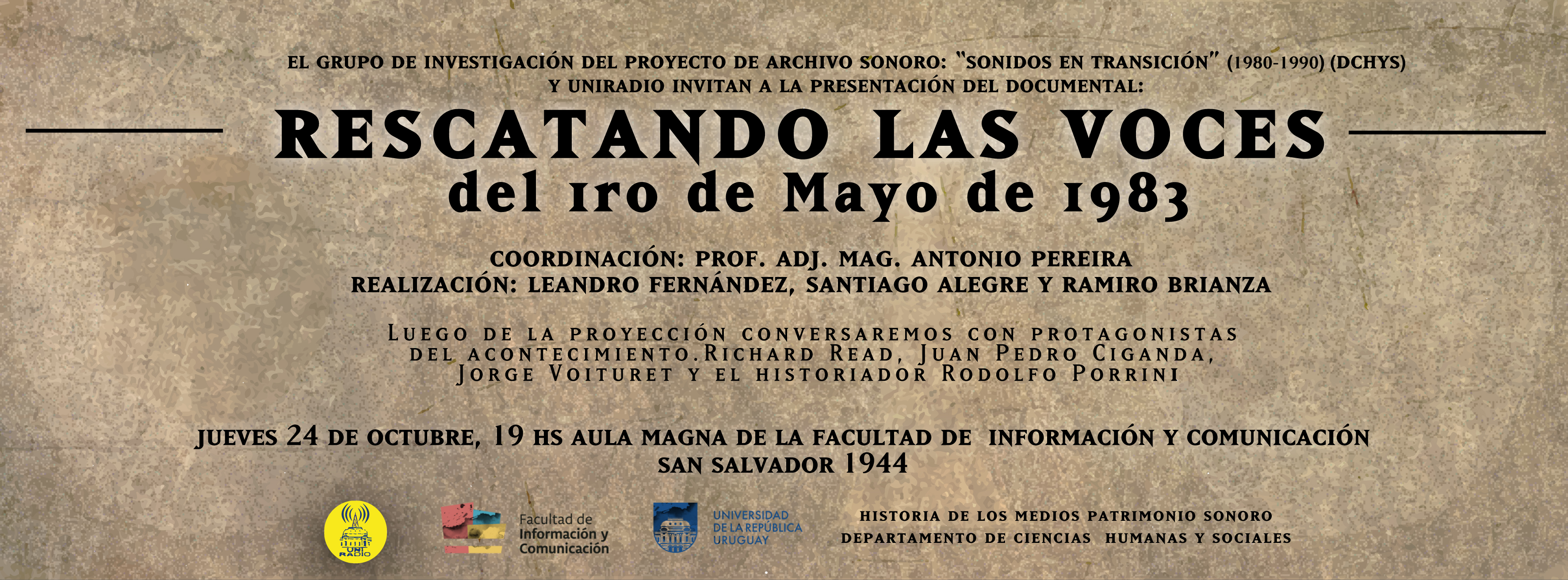 Afiche Invitación al evento "Rescatando las voces del 1 de mayo de 1983"