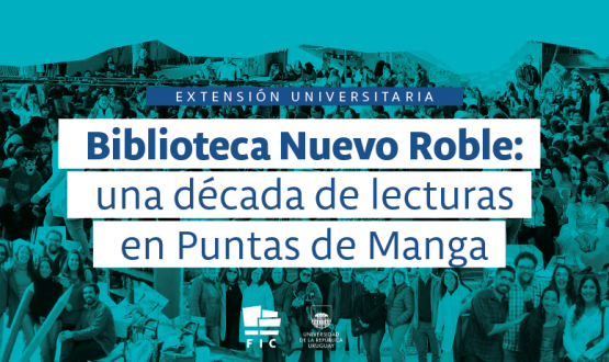 Gráfica: en letras azules sobre fondo blanco dice: Biblioteca Nuevo Roble, una década de lecturas en Puntas de Manga.