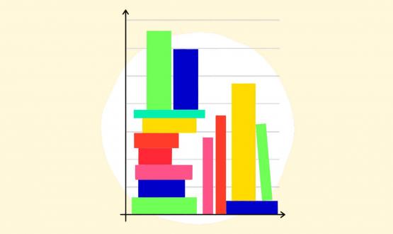 Gráfica: sobre un eje cartesiano, simulando barras hay libros apoyados en vertical y horizontalmente de distintos colores: verde, azul, amarillo, rojo, celeste, rosado. 