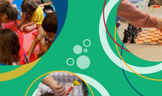 Gráfica. Sobre fondo verde tres viñetas con fotos de niños jugando: al ajedrez, con una corneta de papel y pintando.
