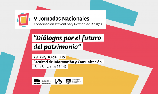 Afiche con información de las Jornadas en letras negras sobre fondo blanco y formas rectangulares turquesas, rojas y amarillas.