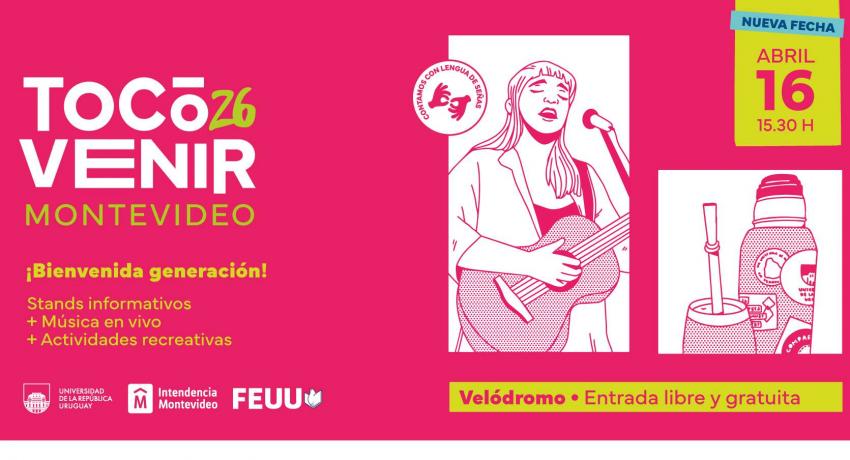ráfico en tonos rosa, blanco y amarillo, con información sobre el evento. A la derecha hay un dibujo de una mujer cantando y tocando la guitarra, un termo y un mate. 