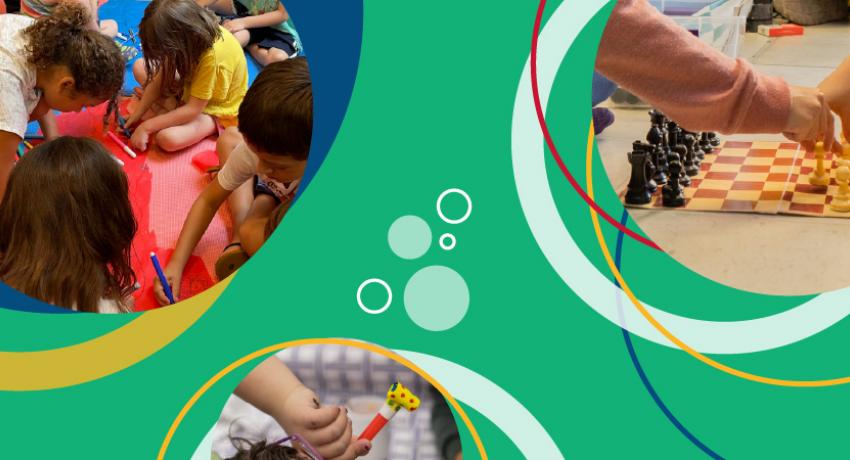 Gráfica. Sobre fondo verde tres viñetas con fotos de niños jugando: al ajedrez, con una corneta de papel y pintando.