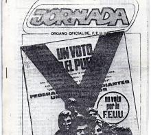 Tapa de la edición clandestina de "Jornada", periódico de la Federación de Estudiantes Universitarios de Uruguay (FEUU) (1983).
